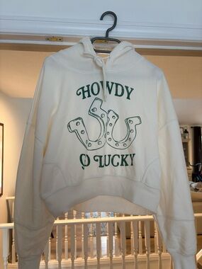 Women's Cream Hoodie Sweatshirt with Green 'Howdy Lucky' Graphic